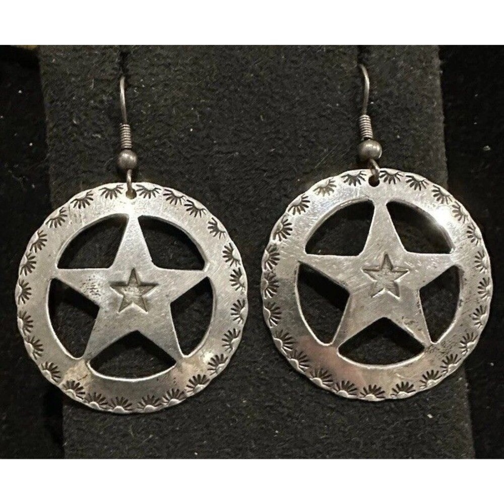 Vintage Navajo Star Concho Hand Tooled Sterling Silver Native American Earrings